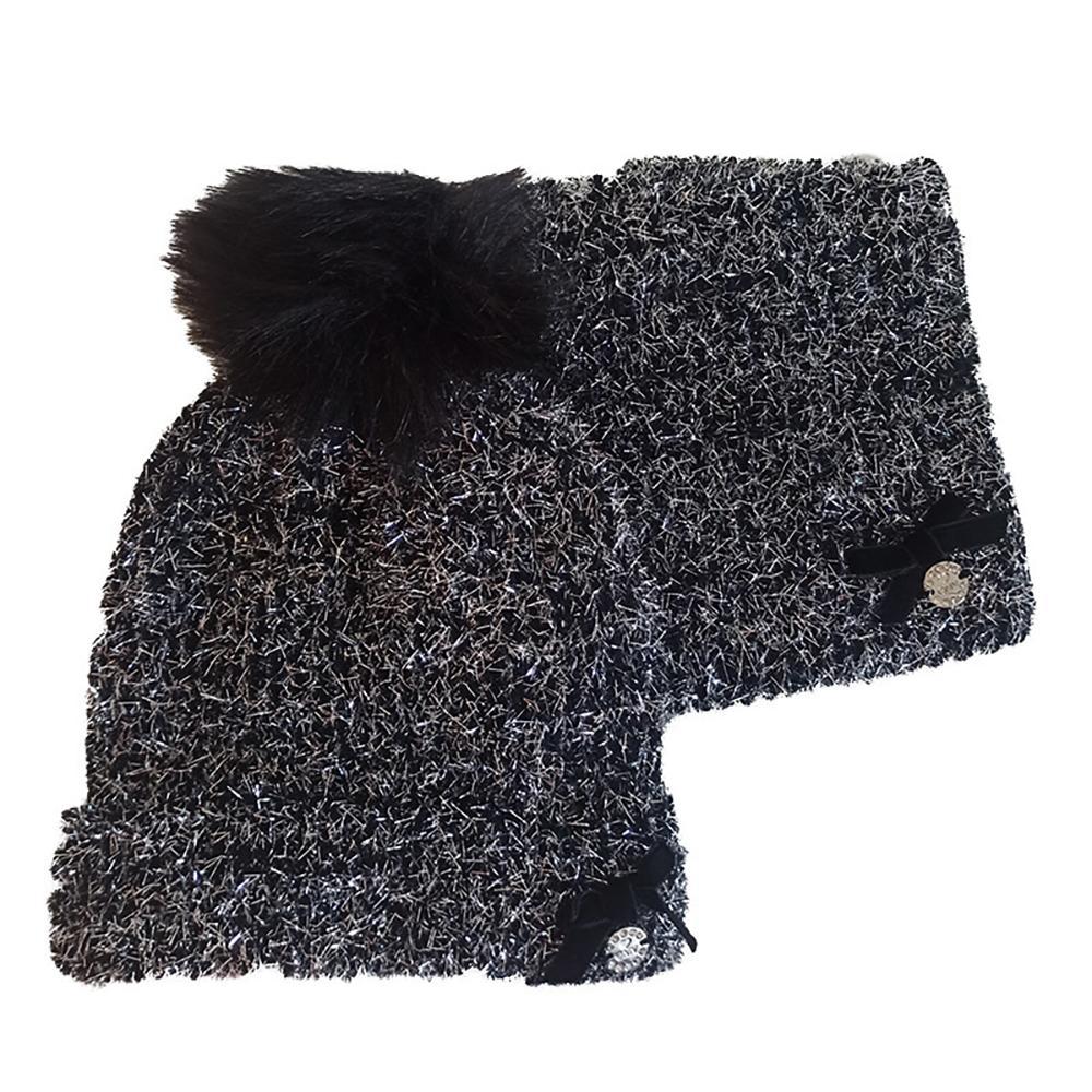 Completo cappello + scaldacollo donna nero in maglia con fili argentati