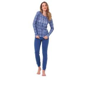 Pigiama donna  cotone interlock quadri azzurro