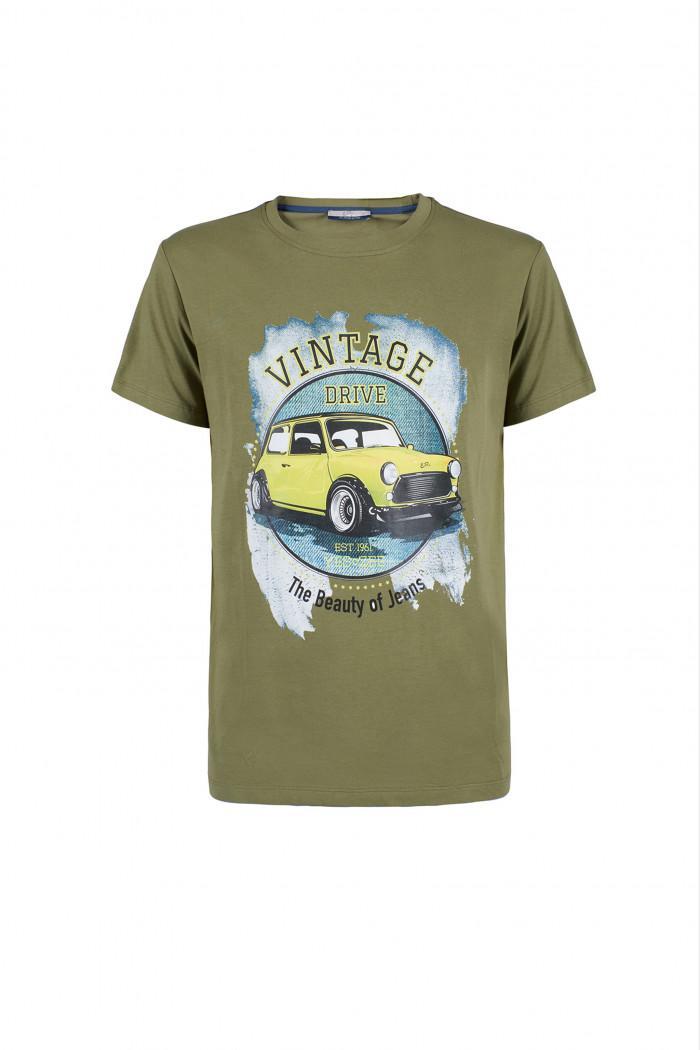 T-shirt da uomo Yes Zee in cotone verde militare T730 S102