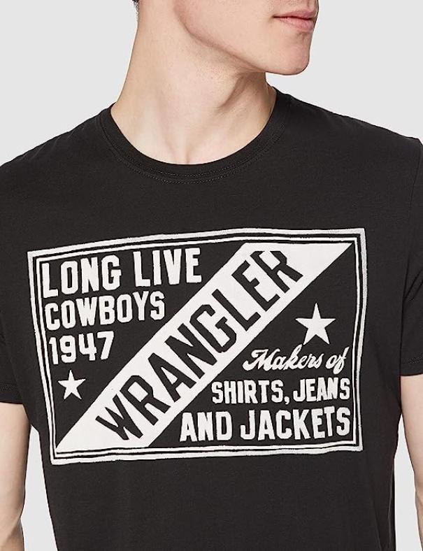 T-shirt da uomo Wrangler nero con scritte sul petto bianch