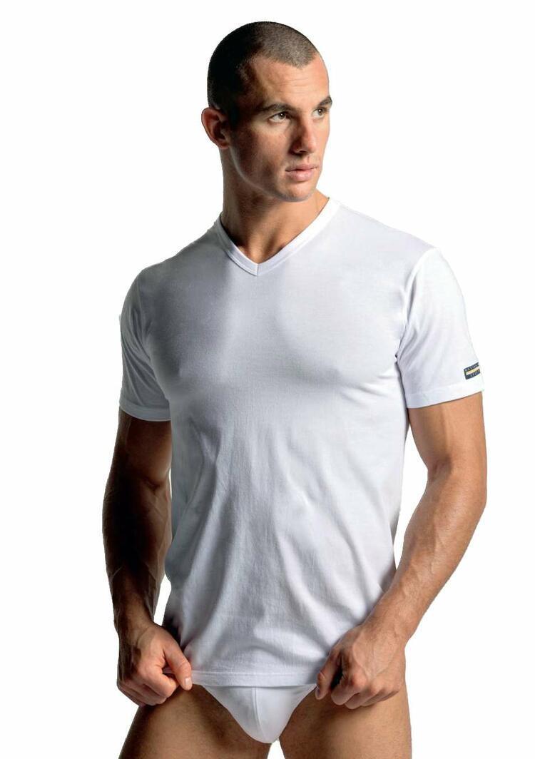 T-shirt intima uomo scollo V calibrata caldo cotone bianco