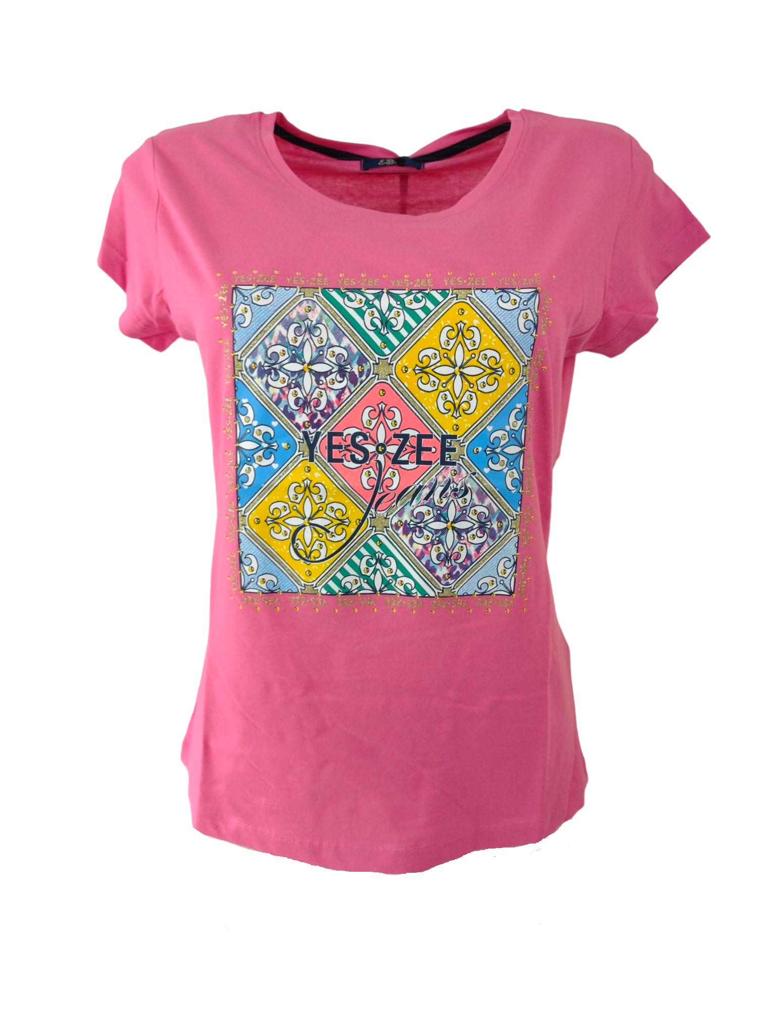 T-shirt Yes Zee fucsia da donna in cotone