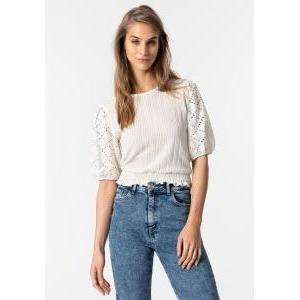 Blusa  donna corta elastico vita con maniche corte in san gallo traforato