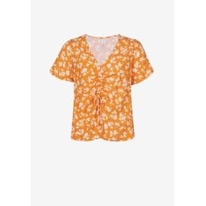 Blusa  donna daffodi  manica corta misto lino fiorat scollo v con coulisse centrale verticale