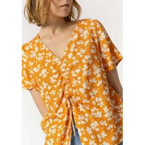 Blusa  donna daffodi  manica corta misto lino fiorat scollo v con coulisse centrale verticale