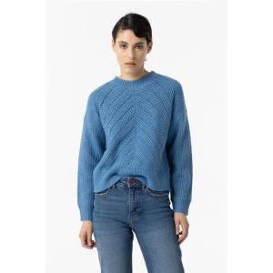 Maglia donna lana melange traforata spiga clash azzurro