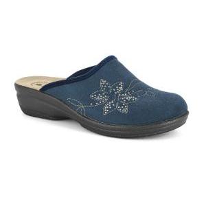 Pantofola scamosciata con ricamo fiore+ strass blu