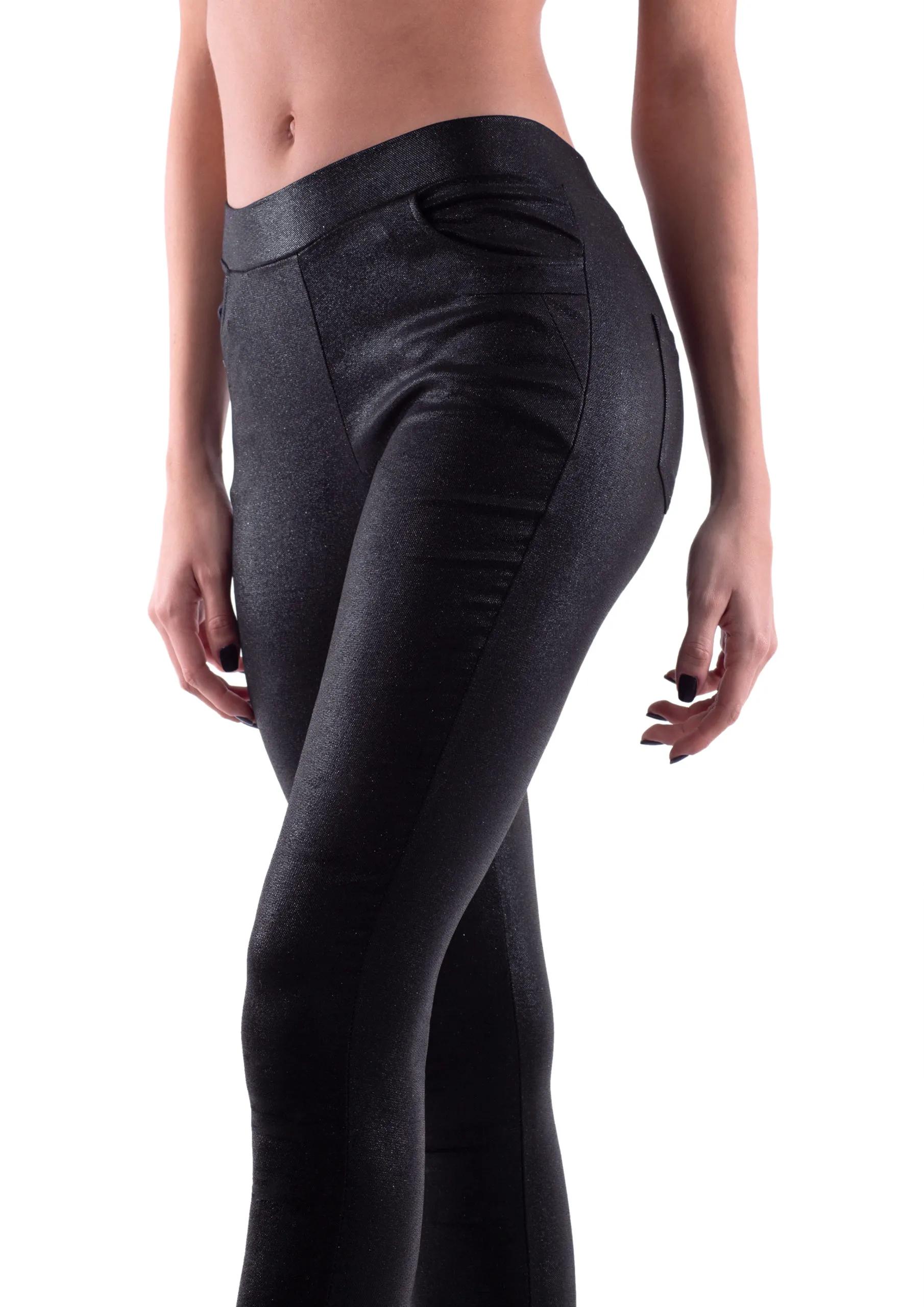 Leggins donna effetto jeans glitter Nero