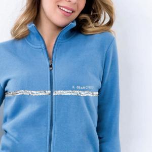 Tuta donna full zip felpa garzata con riga petto paillettes azzurro