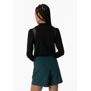 Maglia donna costina orizzontale con trasparenze spalle nero