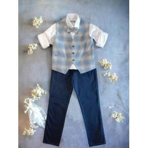 Completo ragazzo gilet quadri + camicia +pantalone + papillon celeste