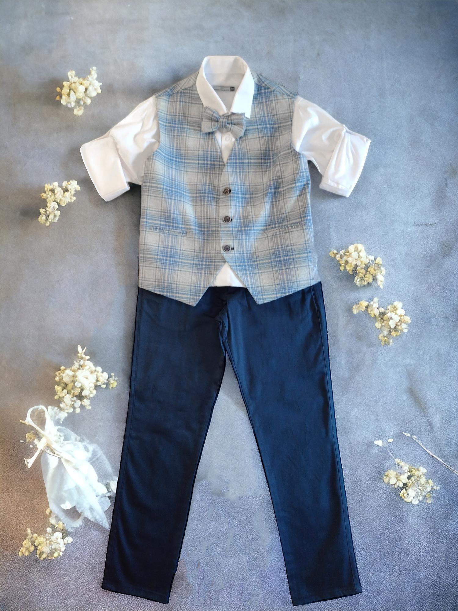 Completo ragazzo gilet quadri + camicia +pantalone + papillon Celeste