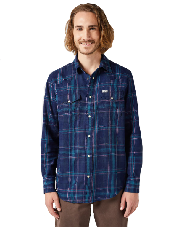 Camicia Wrangler madras manica lunga blu