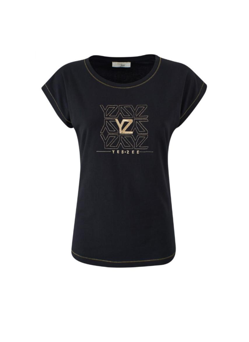 T-shirt Yes Zee donna girocollo ricamo petto nero