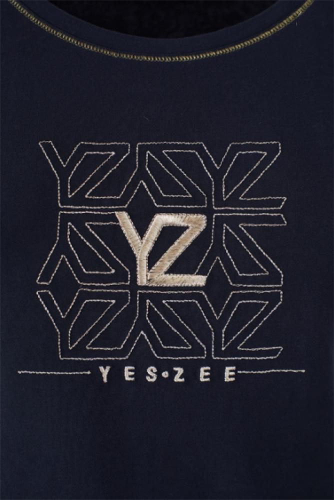 T-shirt Yes Zee donna girocollo ricamo petto nero