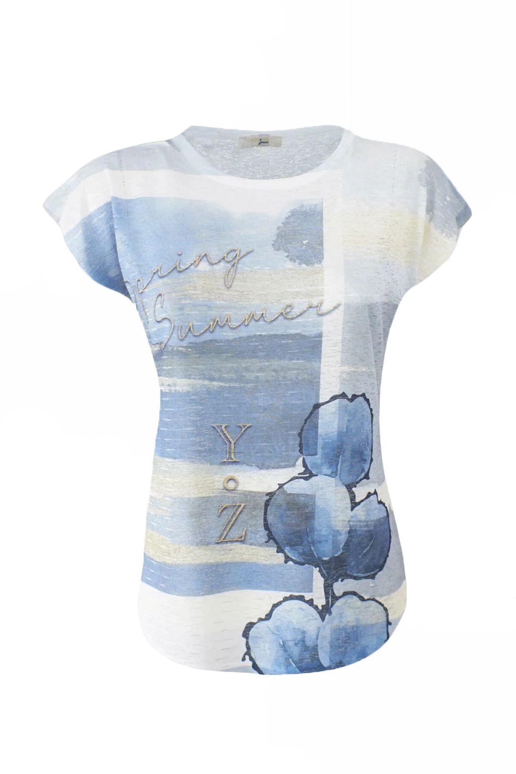 T-shirt Yes Zee donna stampa fiori celeste