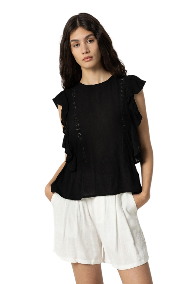 Blusa nera da donna con volant Tiffosi