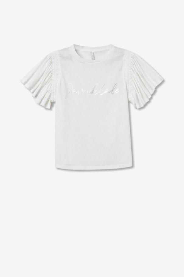 tiffosi t-shirt in lino con maniche volant bianco