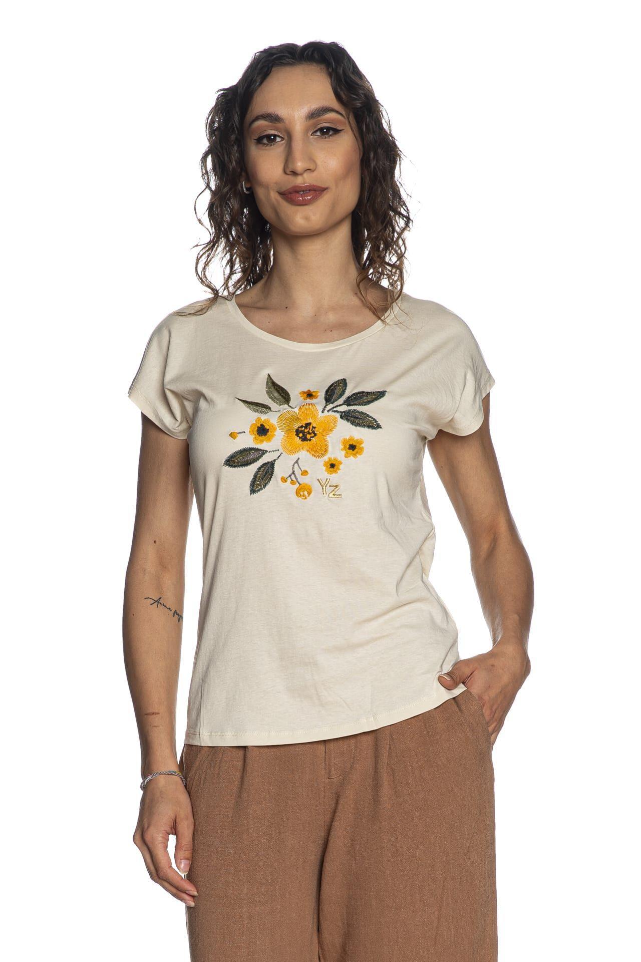 T-shirt donna Yes Zee ricamo fiore centro Beige