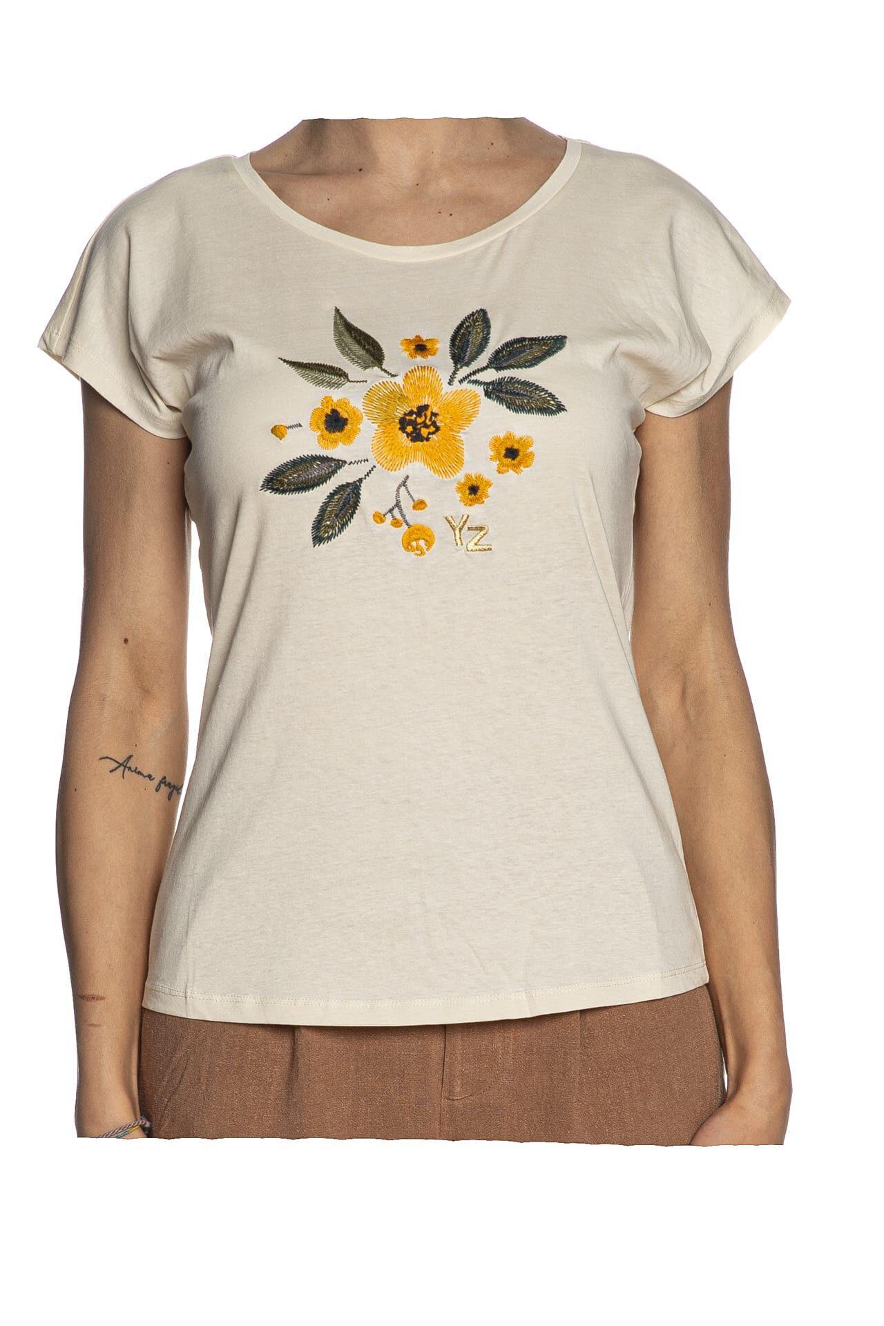 T-shirt donna Yes Zee ricamo fiore centro Beige