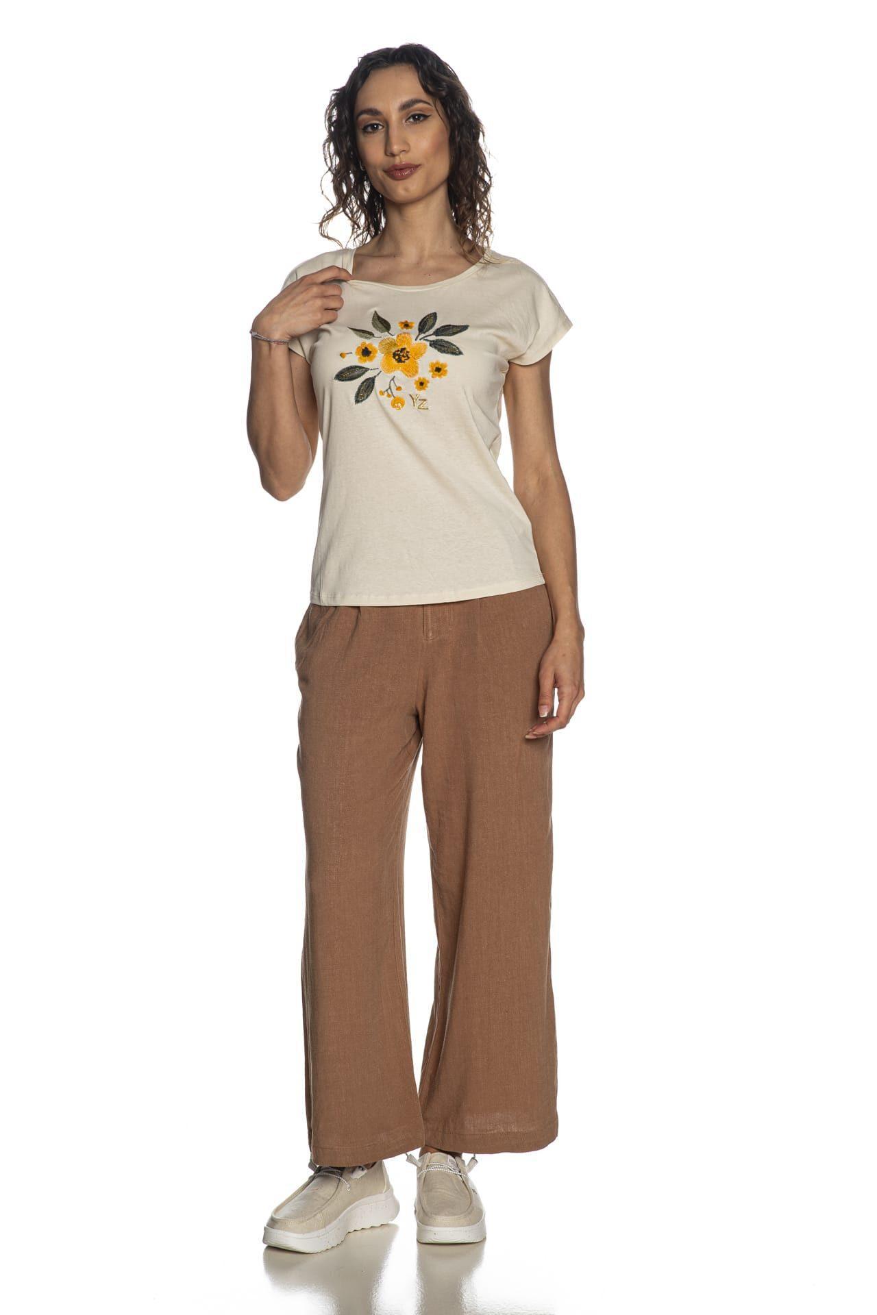 T-shirt donna Yes Zee ricamo fiore centro Beige