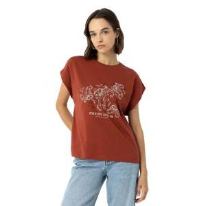 T-shirt donna con scollo tondo e stampa frontale con dettaglio applicato