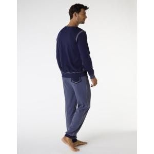 Pigiama lungo in interlock filato melange, blu navy e blu melange navy