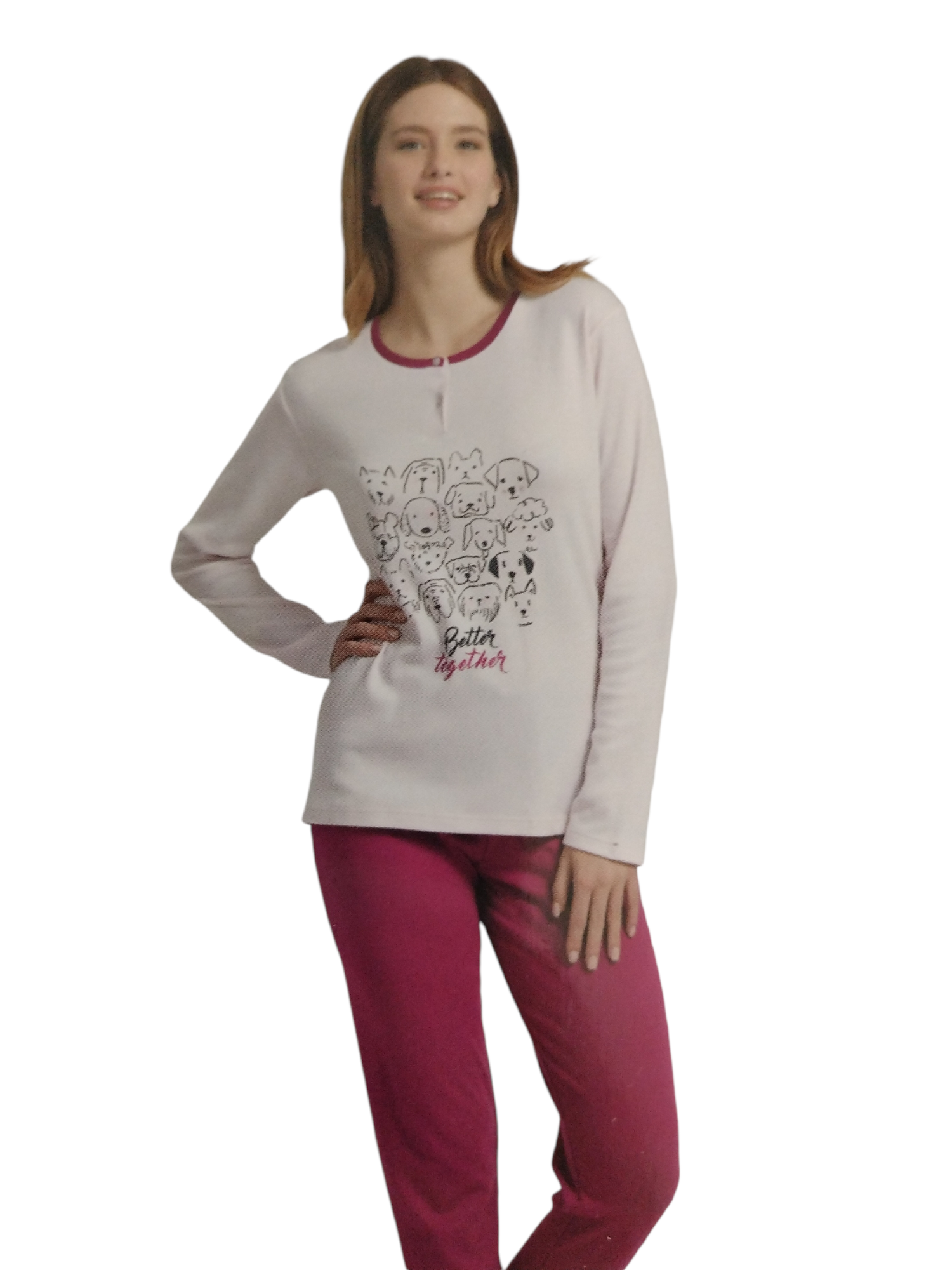 Pigiama serafino donna cotone interlock disegno cani Rosa Fuxia