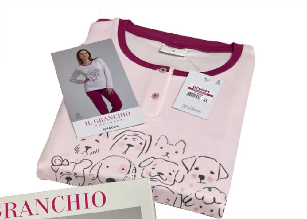 Pigiama serafino donna cotone interlock disegno cani Rosa Fuxia