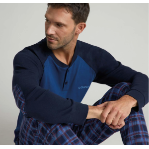 Pigiama uomo interlock serafino pantalone quadri blu