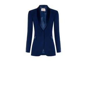 Tailleur smoking 1 bottone bordi raso e pant fascia raso blu royal