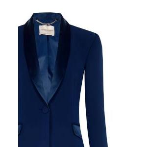 Tailleur smoking 1 bottone bordi raso e pant fascia raso blu royal