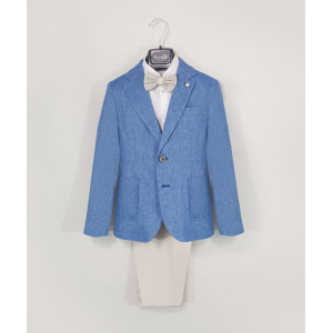 Completo junior giacca lino tasca toppa + camicia+pantalone  cotone contrasto royal